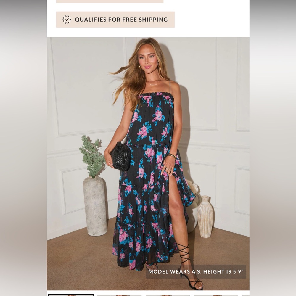 Vici Strapless Black Dress with Pink and Blue Floral Design